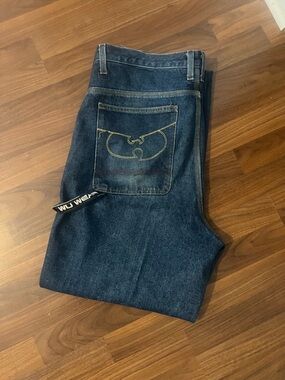 VINTAGE 90s WU WEAR Dark Blue Relaxed Men’s Jeans with Icon Pocket Stitch